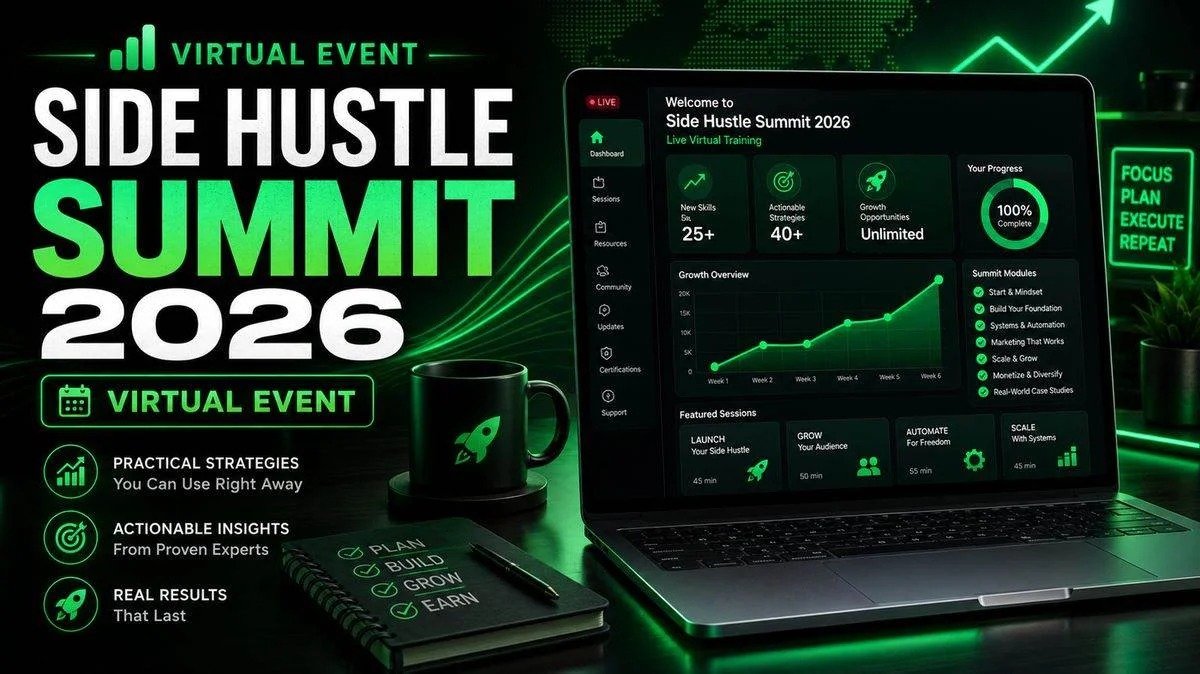 Side Hustle Summit 2026 virtual event dashboard with live training modules